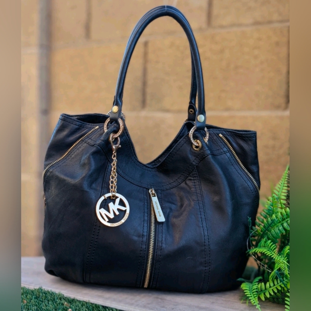 Michael Kors Black Leather Shoulder Bag with Gold Hardware